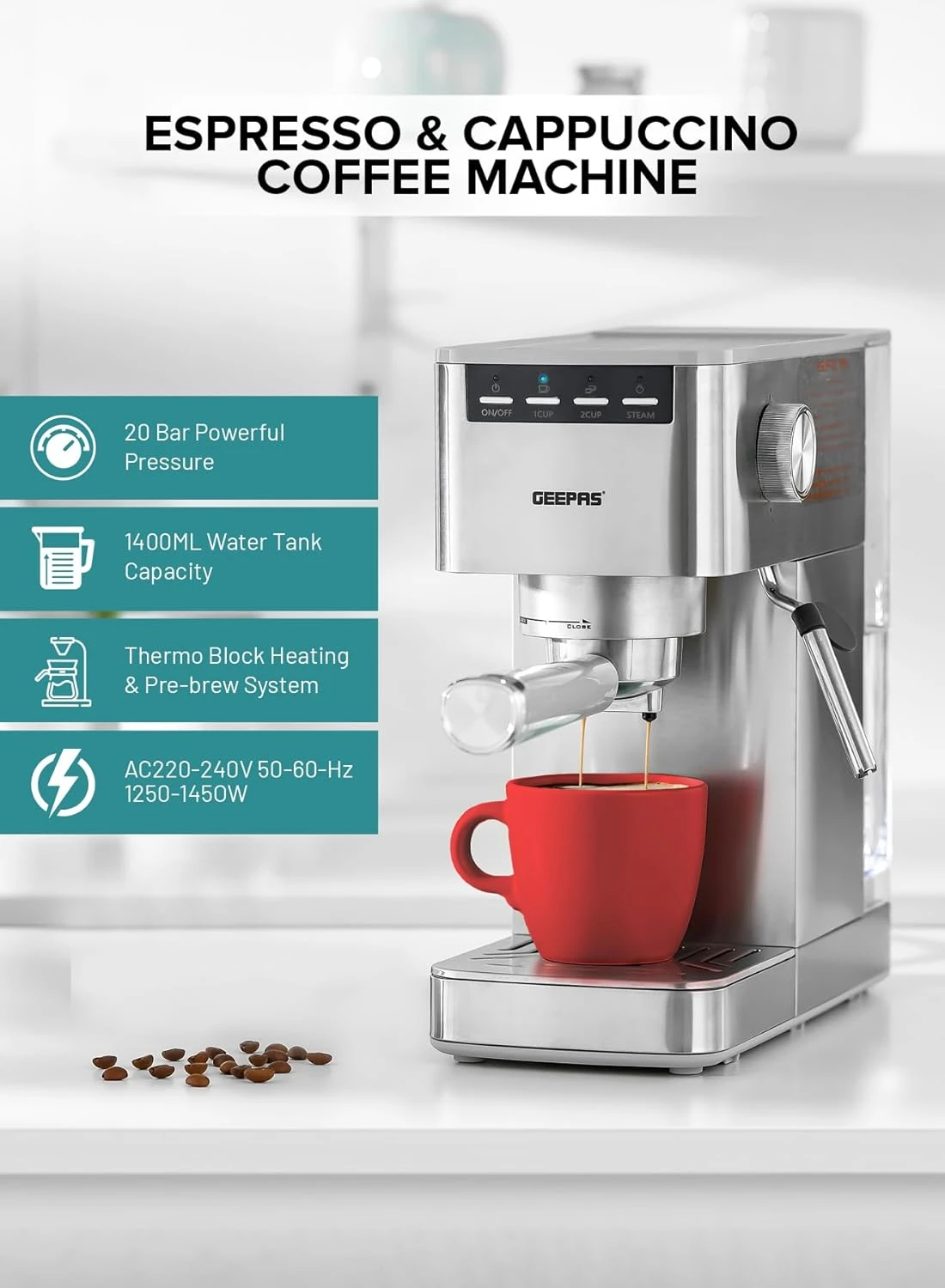 ماكينة تحضير القهوة جيباس موديل GCM1415SS - صورة المنتج 4